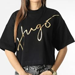 Le moins cher 🥰 Tee 👚 Shirt Femme Crop 50482939 Noir Doré de HUGO 🎉