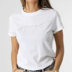 Nouveau ✔️ Tee 👕 Shirt Femme 50485034 Blanc Argenté de HUGO ✔️