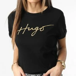 Budget 🌟 Tee 👚 Shirt Femme 50485034 Noir Doré de HUGO 👍
